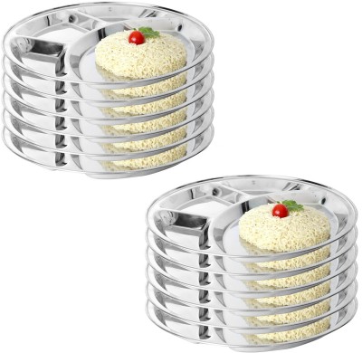 HM EVOTEK Pack of 12 Stainless Steel Stainless Steel Round Plate - 4 Partition Lunch, Dinner, Bhojan, Thali Plates K6 Dinner Set(Silver, Microwave Safe)