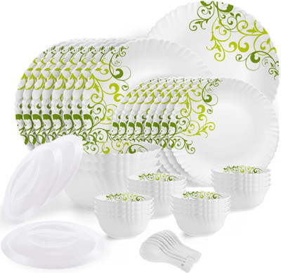 cello Pack of 47 Opalware Dazzle Oleander Crockery Green Dinner Set(White, Microwave Safe)