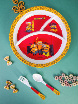 Servewell Pack of 3 Melamin 3 Part Rnd Plate and Fork & Spoon 16 cm Set 3 pc - Minions Dinner Set(Multicolor)