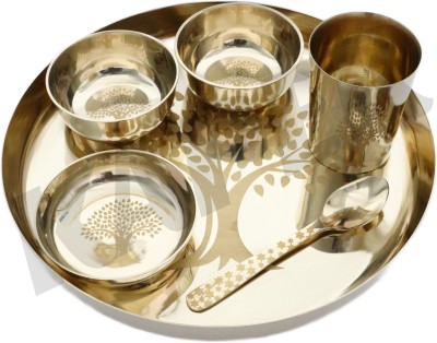 KAPER Pack of 6 Bronze Pure Kansa Thali Dinner Set for Wedding Home Decor Luxury Utensils Return Gift Dinner Set(Gold)