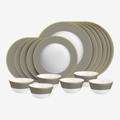 cello Pack of 18 Opalware Solitaire Series Moonstone | Extra Strong | Light Weight | Dishwasher Safe | Dinner Set(White, Microwave Safe)