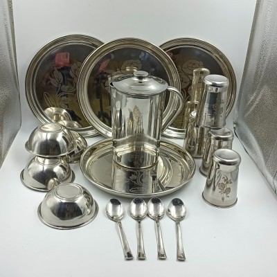 FarQue Pack of 17 Stainless Steel 4 Bhojan Thalis, 4 Steel Bowls, 4 Water Glasses, 4 Spoons, and 1 Steel Jug Dinner Set(Silver)