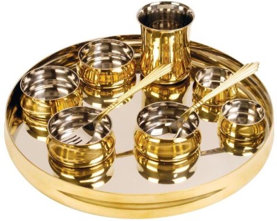 Alluring Homz Pack of 8 Brass, Stainless Steel Brass Steel Curved Thali Set, 8 Pieces Dinnerware for Home & Restaurant Dinner Set(Gold, Steel)