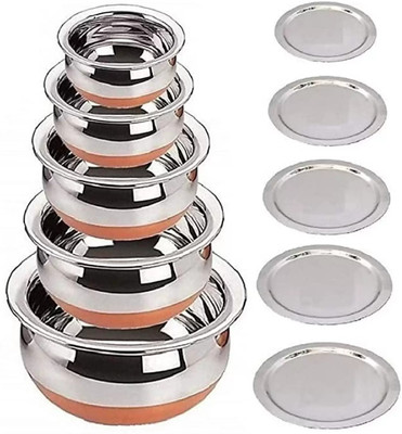 Nirvika Pack of 5 Stainless Steel Copper Base Handi with Lid / Urli Set Cookware Set patila Bhagona Dinner Set(Silver, Microwave Safe)