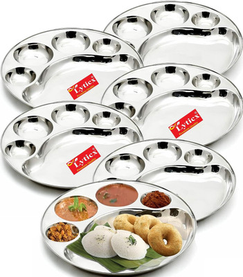 Lyticx Pack of 6 Stainless Steel 5 Compartment Stainless Steel Round Dinner Plate Lunch/Dinner/Bhojan/Thali Dinner Set(Steel, Microwave Safe)