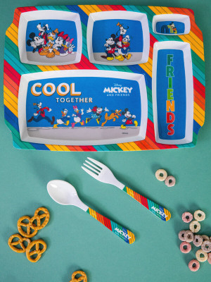 Servewell Pack of 3 Melamin 5 Part Plate and Fork & Spoon 16 cm Set 3 pc - Mickey Dinner Set(Multicolor)