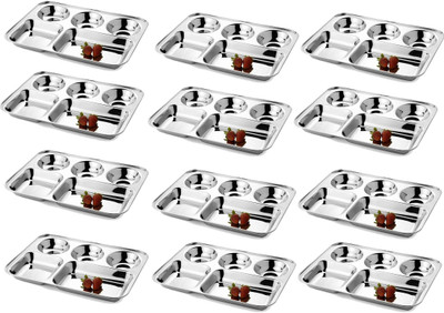HM EVOTEK Kitchen Utensil Stainless Steel 5 in 1 Compartment Rectangular Lunch Thali K5 Sectioned Plate(Pack of 12, Microwave Safe)