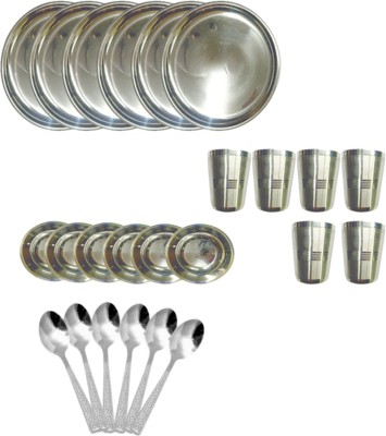 SHINI LIFESTYLE Pack of 24 Stainless Steel Steel Dinner set Tableware Dining Plates Bowls Cutlery glass 24pc Dinner Set(Silver)