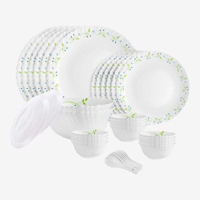 cello Pack of 34 Opalware Dazzle Opalware Tropical Lagoon Dinner Set |Crockery Set |White Dinner Set(Green, White, Microwave Safe)