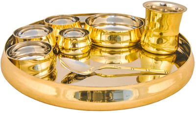 Alluring Homz Pack of 8 Brass, Stainless Steel Brass Steel Curved Thali Set–8 Pieces Dinnerware for Home & Occasions Dinner Set(Gold)