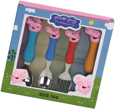 Adinath Exports Pack of 4 Stainless Steel, Plastic PEPPA PIG shape SPOON SET FOR KIDS STAINLESS SPOON 4 PIECES 2 FORK-2 SPOON Dinner Set(Multicolor)