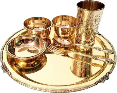 CURTEL Pack of 7 Brass Brass Dinner Set Plate Dinner Set(Gold)