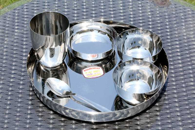 Krown Pack of 6 Stainless Steel Glossy Plain Dinner Set Dinner Set(Silver)