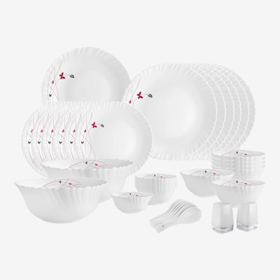 cello Pack of 35 Opalware Dazzle Series Lush Fiesta | Light-Weight, Daily Use Crockery Set for Dining Dinner Set(Red, White, Microwave Safe)