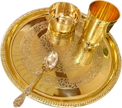 M&V CRAFT PURE Pack of 4 Brass Embossed Design THALI Set Pack of- 04 Pieces Dinner Set(Gold)