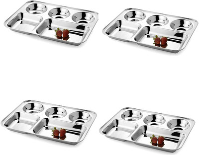RBGIIT Pack of 4 Stainless Steel Stainless Steel Plate with Compartment/Bhojan Thali/Partition Plate for Lunch K0 Dinner Set(Silver, Microwave Safe)