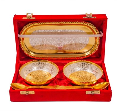 feya Pack of 5 Brass FEYA_Gifts Brass Bowl Set with Spoons and Tray Dinner Set(Gold, Microwave Safe)