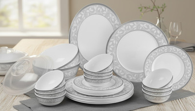 cello Pack of 29 Opalware Ariana Sterling Silver 29 Pcs Dinner Set(White, Microwave Safe)