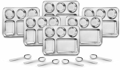 HM EVOTEK Pack of 12 Stainless Steel Rectangular 5 in 1 Compartment Bhojan Thali Lunch/Dinner Plate With Spoon Dinner Set(Silver)