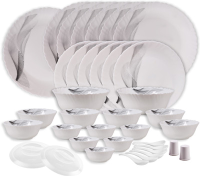 cello Pack of 37 Opalware Dazzle Black Doddle 37 Pcs Dinner Set(White, Microwave Safe)