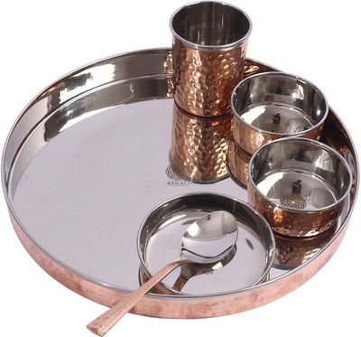 MUDRIKA INTERNATIONAL Pack of 6 Copper Brass Gold-Plated Dinner Set | 6-Piece Premium Thali Set Dinner Set(Silver)