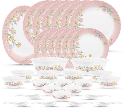 LUMINARC Pack of 33 Opalware Made in United Arab Emirates(UAE) French style design Elise Dinner Set(Pink, Microwave Safe)