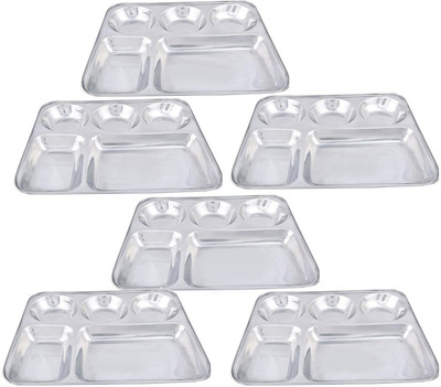 HM EVOTEK Stainless Steel Plate with Compartment/Bhojan Thali/Partition Plate for Lunch K4 Sectioned Plate(Pack of 6, Microwave Safe)