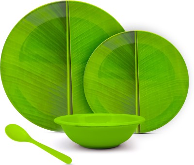 Litware Pack of 16 Melamin Round Banana Leaf (4 Full Plate ||4 Bowl || 4 Half Plate || 4 Spoon) 16pcs Dinner Set(Green)