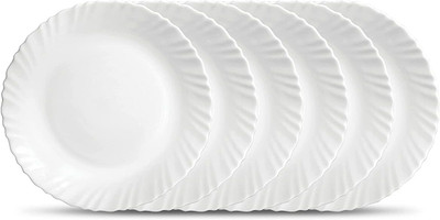 KAVYACRASH Pack of 6 Opalware Glass Plain Classique Collection Full Plate Set - 6 Pieces (White, 10 inch) Dinner Set(White)