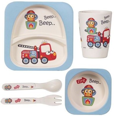 Baby Moo Pack of 5 Bamboo Car Blue Bamboo Fiber Dinner Set(Blue)