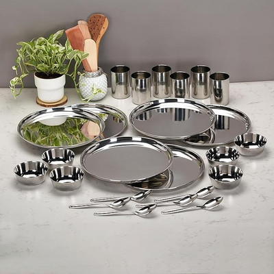 VISAXMI Pack of 24 Stainless Steel Dinner set (6 plates 6 glasses, 6 bowls, 6 spoons) Rust-Free & Durable Dinner Set(Silver, Microwave Safe)