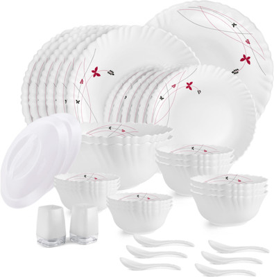 cello Pack of 37 Opalware Dazzle Lush Fiesta 37 Pcs Dinner Set(Red, White, Microwave Safe)