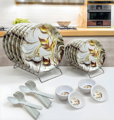 Inpro Pack of 36 Melamin Golden Leaf Printed Dinner set for parties - Perfect for all occasion Dinner Set(Multicolor)
