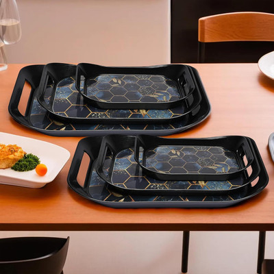 SHIVRUDRA Plastic 6 Pcs Serving Tray Set Design Glossy Finish Bpa Free Durable Nested Trays Dinner Set(Black)