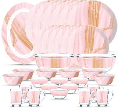 LUMINARC Pack of 33 Glass Made in United Arab Emirates(UAE) French style design sodalime glass glisthems Dinner Set(Pink, Brown, Microwave Safe)