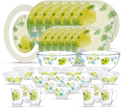 LUMINARC Pack of 33 Glass Made in United Arab Emirates(UAE) French style sodalime glass blissful blooms Dinner Set(Green, Microwave Safe)