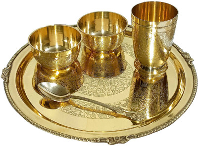 A & H ENTERPRISES Pack of 5 Brass Floral Design Pital Thali Set , Dinner Set for Dinnerware Serveware Dinner Set(Gold)