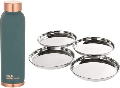 The Better Home Savya Home 4-Pcs Big Plate Set + Copper Water Bottle, Teal 950 ml Bottle(Pack of 1, Green, Copper)