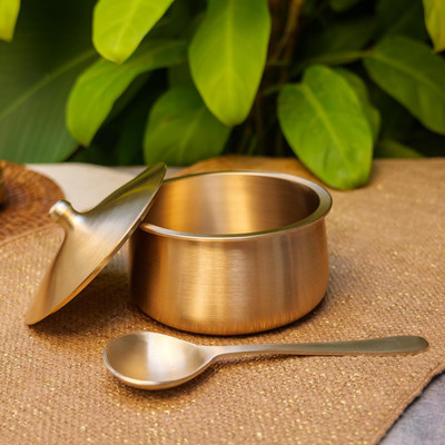 RamMetals Bronze Very Vogue Pure Kansa Handi with Spoon –600 ML Small Serving Bowl Tapeli/Bhagona Dinner Set(Gold)