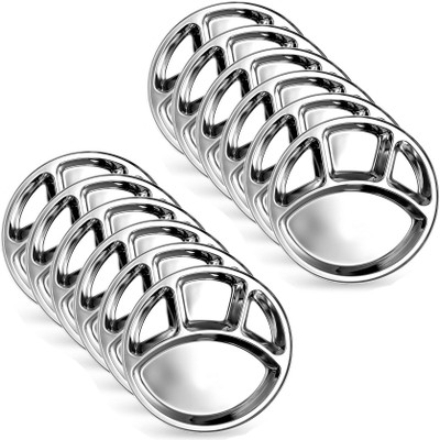 HM EVOTEK Pack of 12 Stainless Steel Stainless Steel Round Plate Thali with 4 Compartment Mess Plate Lunch Dish K7 Dinner Set(Silver, Microwave Safe)