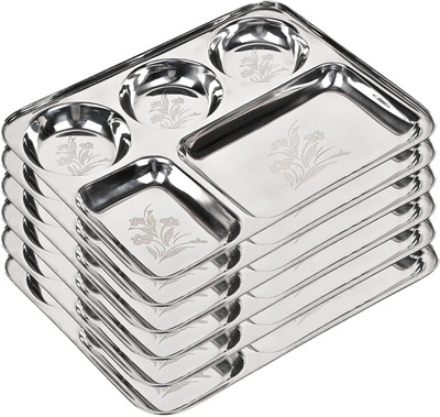 ESTEEM KING Pack of 6 Stainless Steel Heavy Bhojan Thali/Dinner Plate with 5 Compartment (Rust Free) (Crack Warranty) Dinner Set(Silver, Microwave Safe)
