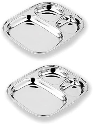 Lyticx Stainless Steel 3 Compartment Pav Bhaji Plate | Lunch Plate Size:- 218X264 mm Dinner Plate(Pack of 2, Microwave Safe)