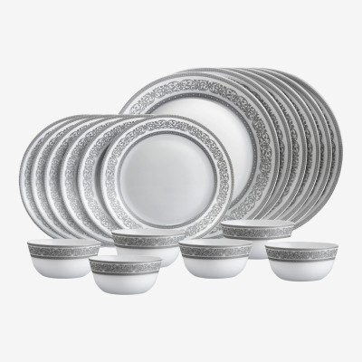 cello Pack of 18 Opalware Solitaire Series Argento | Extra Strong | Light Weight | Dishwasher Safe | Dinner Set(Grey, Microwave Safe)