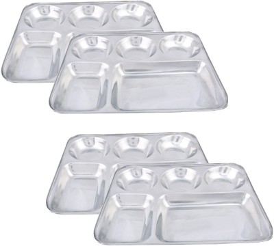 Masox Store Pack of 4 Stainless Steel Stainless Steel Plate with Compartment/Bhojan Thali/Partition Plate for Lunch K6 Dinner Set(Silver, Microwave Safe)