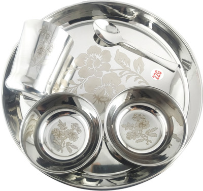 CHEF TURTLES Pack of 5 Stainless Steel Dinner/Lunch Set Panch Bartan Steel Thali Set- 1Thali 2Bowls 1Glass 1spoon Dinner Set(Silver)