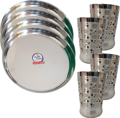 KRSS MART Pack of 8 Stainless Steel Plates and Glass set |Thali with Tumbler Dinner Set(Silver, Microwave Safe)