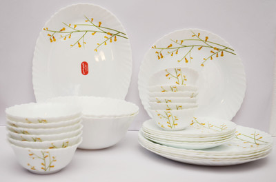 LAOPALA Pack of 27 Opalware Diva Classique Citron Weave 27 PCs Dinner Set(White, Green, Yellow)