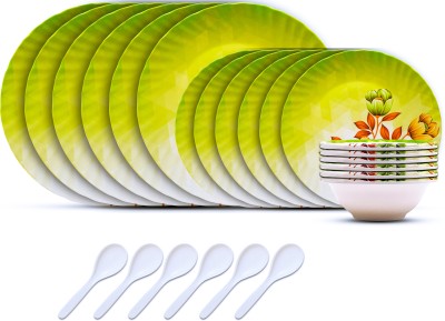 Laserbot Pack of 24 Melamin Round Florel dinner (6 Full Plate|| 6 Bowl || 6 Spoon || 6 Half Plate) Dinner Set(White, Green)