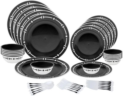 Cutting EDGE Pack of 42 Plastic Dinner Set With Big & Small Plates, Big & Small Bowls, Spoons,Fork and Knife Dinner Set(Black, Microwave Safe)
