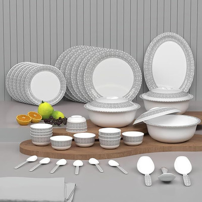 Castleite Pack of 40 Melamin Piccolo Ivory Bloom Round Designer Crockery Dinner Set(White, Grey)
